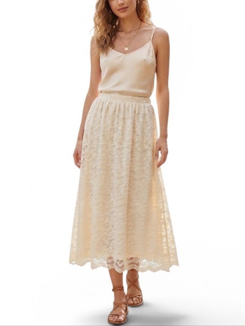 Joro Fashions Vintage Creme Lace Midi Skirt Cream Floral Wedding Cottagecore L